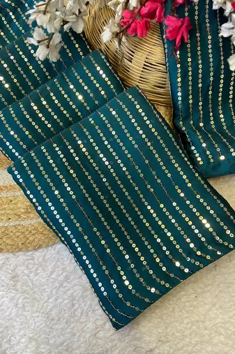 Petrol multicolor sequece embroidery work satin chiffon saree with blouse