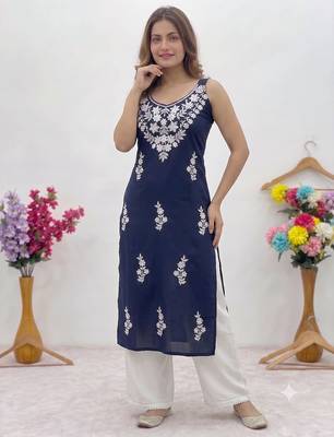 Blue embroidered sleeveless kurti with white palazzo set for women 3