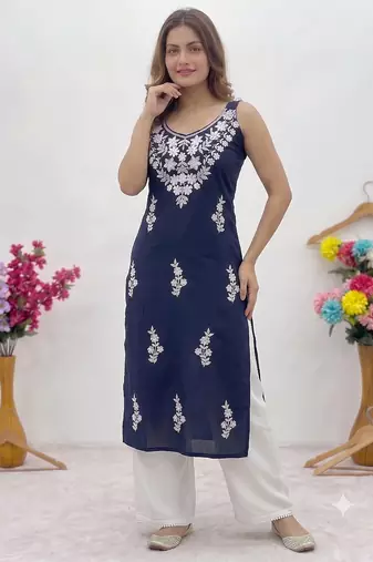 Blue embroidered sleeveless kurti with white palazzo set for women