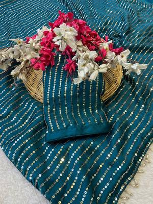 Petrol multicolor sequece embroidery work satin chiffon saree with blouse 2