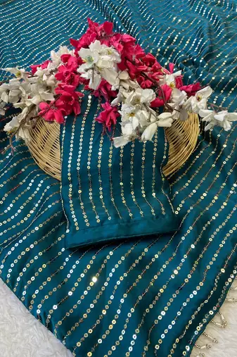Petrol multicolor sequece embroidery work satin chiffon saree with blouse
