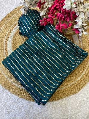 Petrol multicolor sequece embroidery work satin chiffon saree with blouse 3