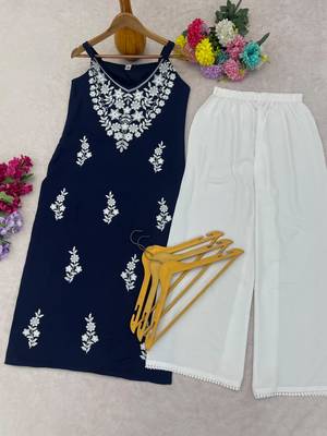 Blue embroidered sleeveless kurti with white palazzo set for women 4