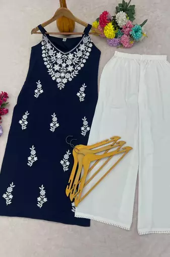 Blue embroidered sleeveless kurti with white palazzo set for women