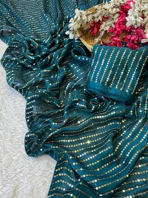 Petrol multicolor sequece embroidery work satin chiffon saree with blouse 4