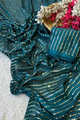 Petrol multicolor sequece embroidery work satin chiffon saree with blouse
