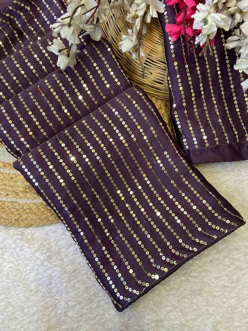 Purple multicolor sequece embroidery work satin chiffon saree with blouse