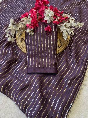 Purple multicolor sequece embroidery work satin chiffon saree with blouse 2