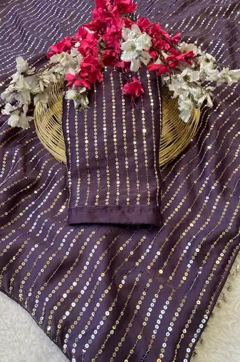 Purple multicolor sequece embroidery work satin chiffon saree with blouse