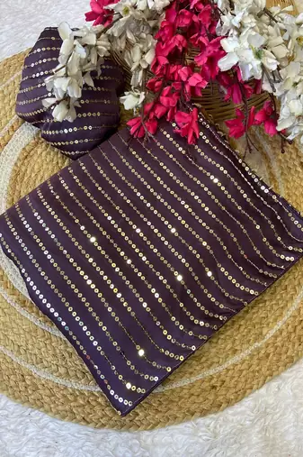 Purple multicolor sequece embroidery work satin chiffon saree with blouse