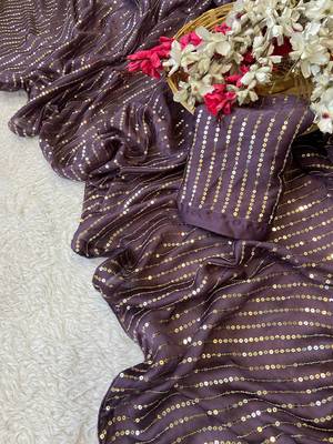 Purple multicolor sequece embroidery work satin chiffon saree with blouse 4