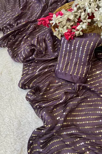Purple multicolor sequece embroidery work satin chiffon saree with blouse