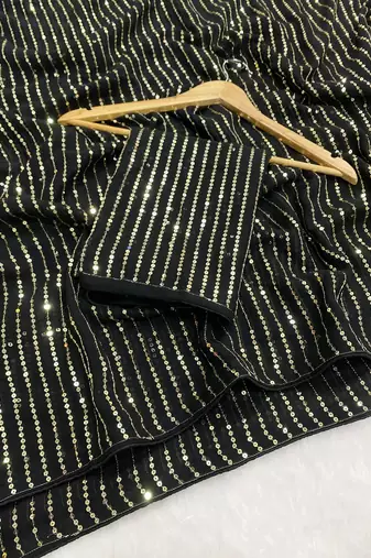 Black multicolor sequece embroidery work georgette saree with blouse