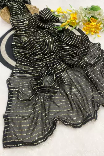 Black multicolor sequece embroidery work georgette saree with blouse