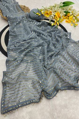 Grey multicolor sequece embroidery work georgette saree with blouse