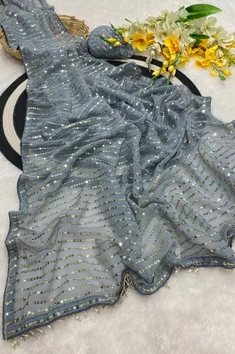 Grey multicolor sequece embroidery work georgette saree with blouse