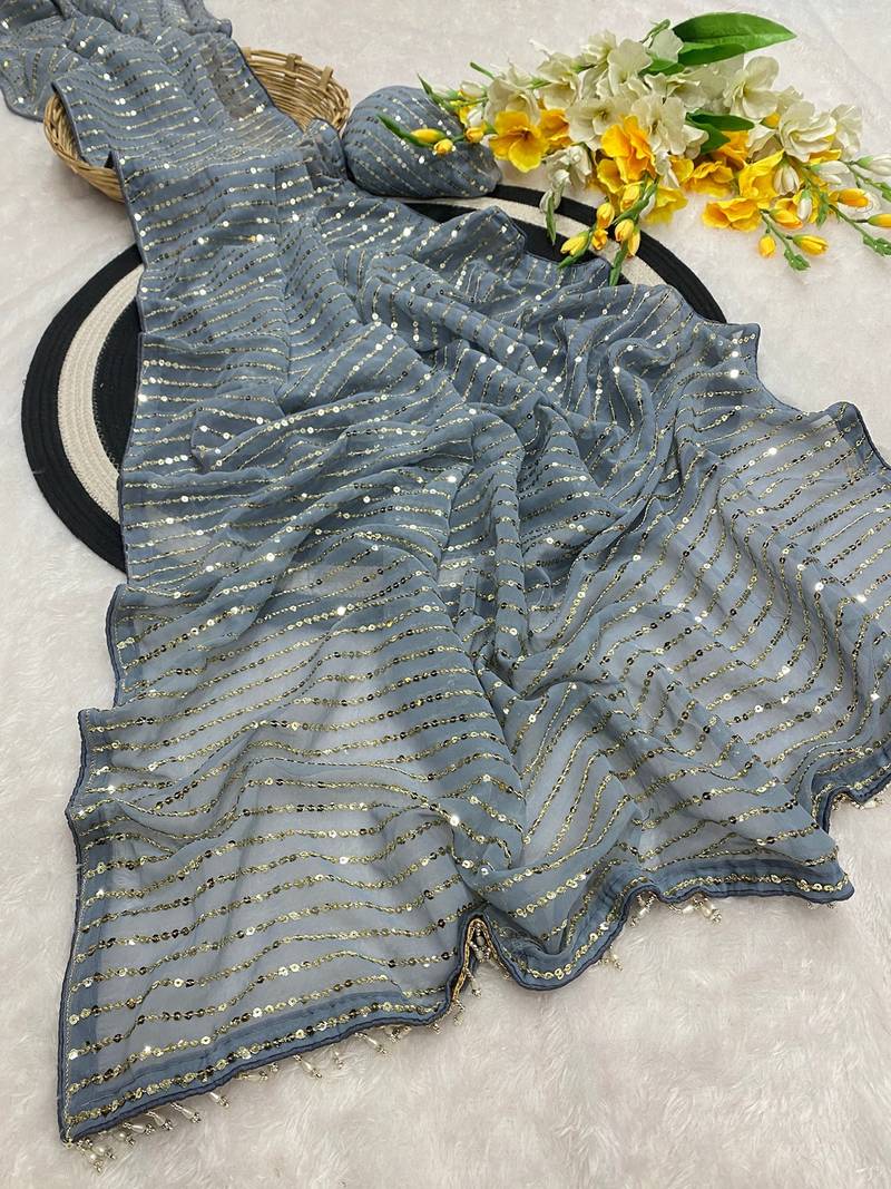 Grey multicolor sequece embroidery work georgette saree with blouse