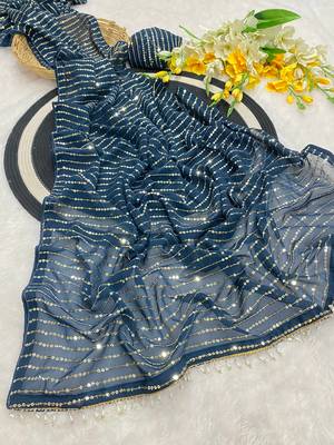Petrol multicolor sequece embroidery work georgette saree with blouse 1