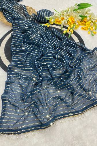 Petrol multicolor sequece embroidery work georgette saree with blouse