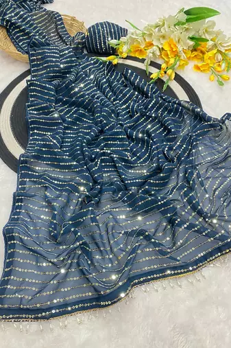 Petrol multicolor sequece embroidery work georgette saree with blouse