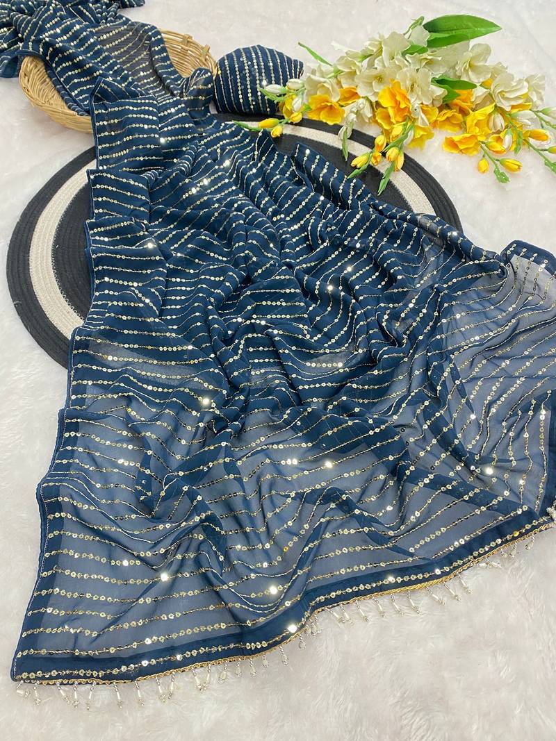 Petrol multicolor sequece embroidery work georgette saree with blouse