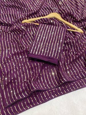 Wine multicolor sequece embroidery work georgette saree with blouse 2