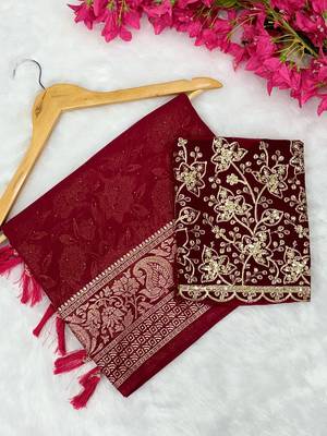 Maroon foil work georgette saree with blouse 1