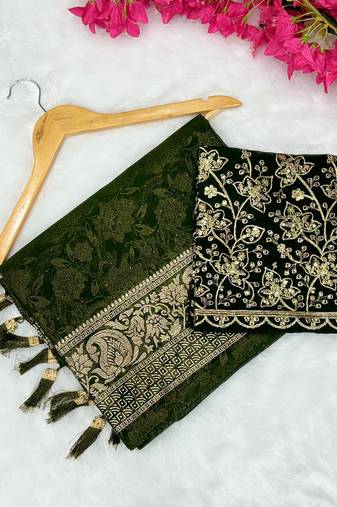 Mehndi foil work georgette saree with blouse