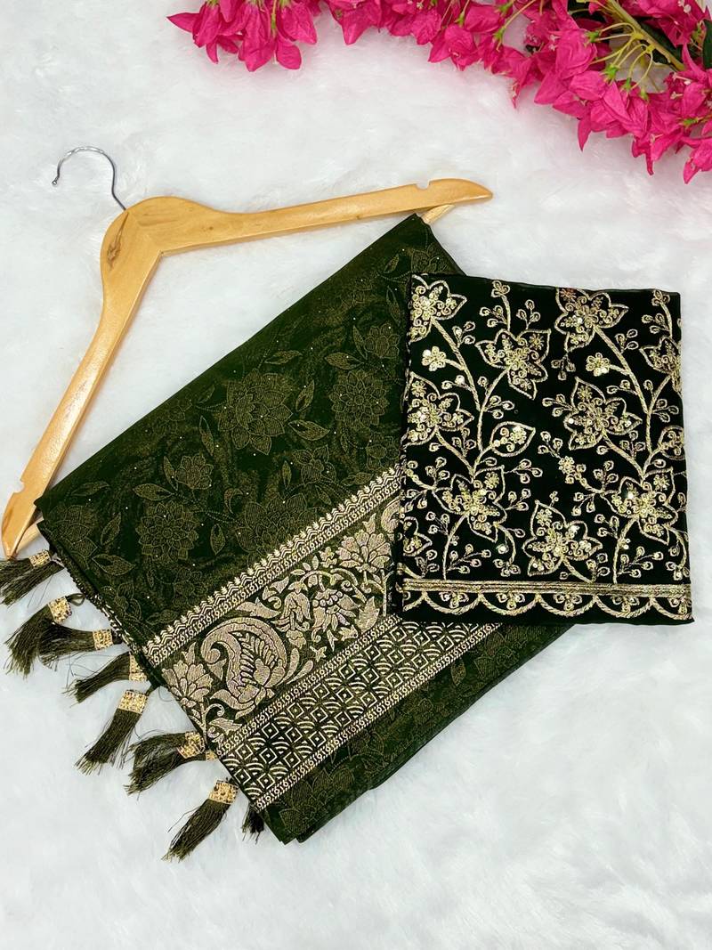 Mehndi foil work georgette saree with blouse