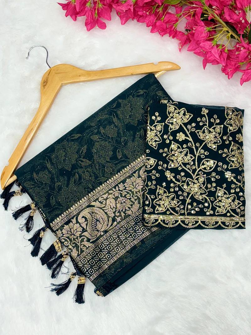 Petrol foil work georgette saree with blouse
