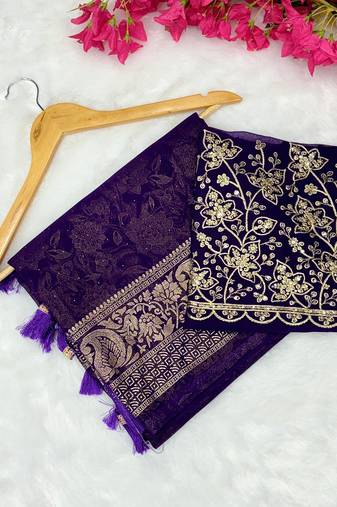 Purple foil work georgette saree with blouse