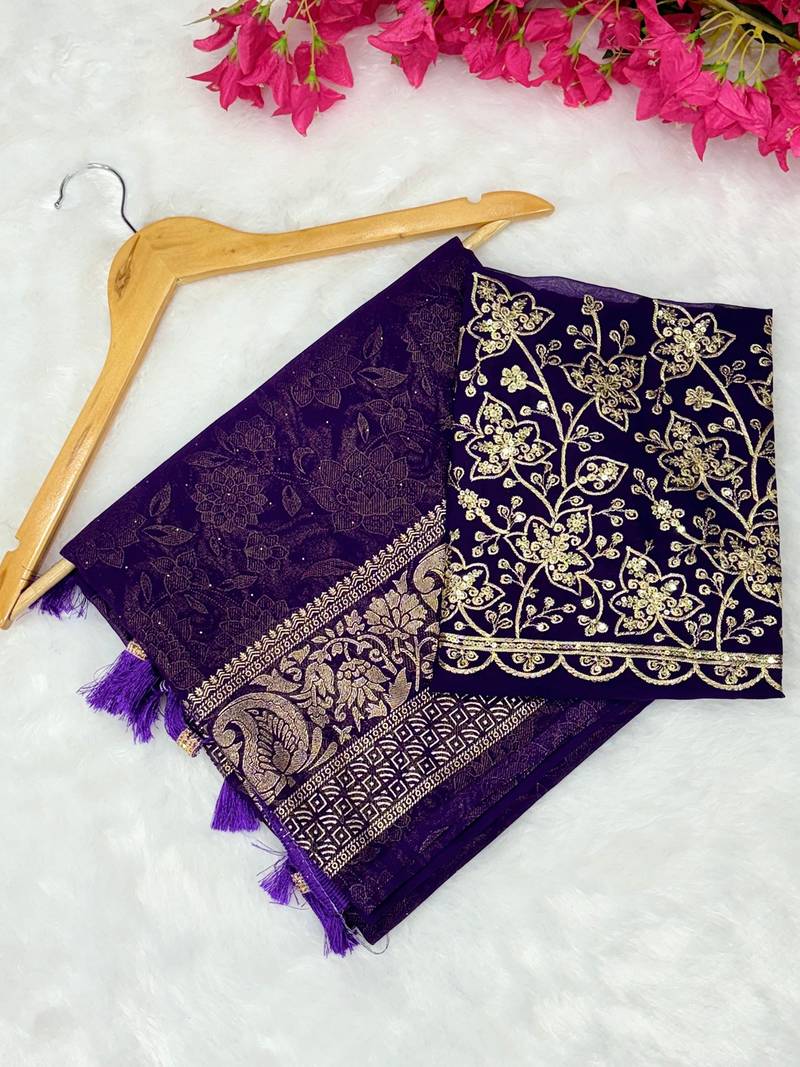 Purple foil work georgette saree with blouse