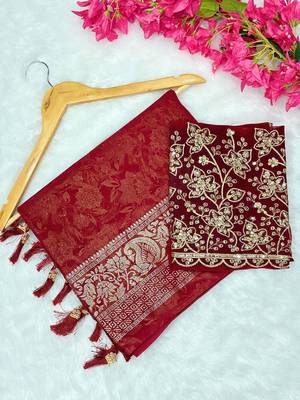 Red foil work georgette saree with blouse 1