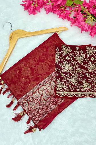Red foil work georgette saree with blouse