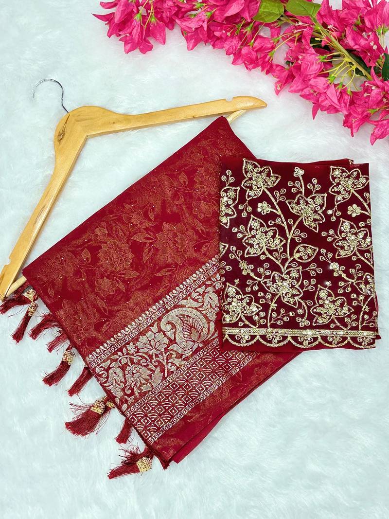 Red foil work georgette saree with blouse