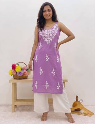 Lavendar embroidered sleeveless kurti with white palazzo set for women 1