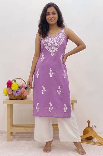 Lavendar embroidered sleeveless kurti with white palazzo set for women