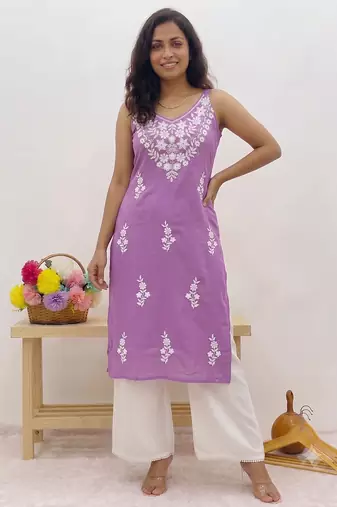 Lavendar embroidered sleeveless kurti with white palazzo set for women