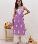 Lavendar embroidered sleeveless kurti with white palazzo set for women