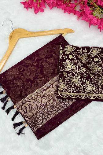 Wine foil work georgette saree with blouse