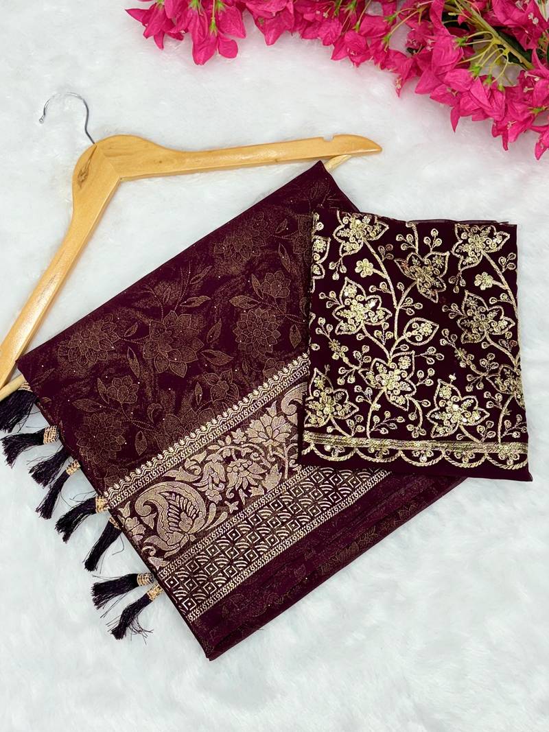 Wine foil work georgette saree with blouse