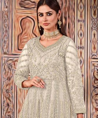 cream embroidered butterfly net semi - stitched kurta set 2