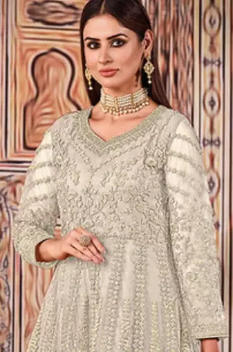 cream embroidered butterfly net semi - stitched kurta set