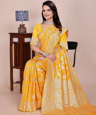 Yellow tapela dying dola silk blend saree with blouse 1
