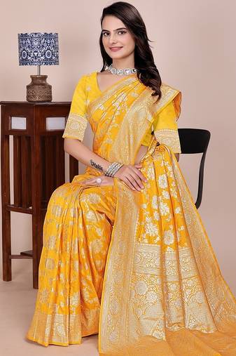 Yellow tapela dying dola silk blend saree with blouse