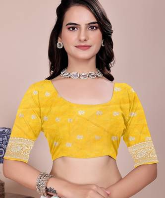 Yellow tapela dying dola silk blend saree with blouse 2