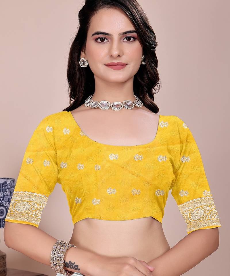 Yellow tapela dying dola silk blend saree with blouse