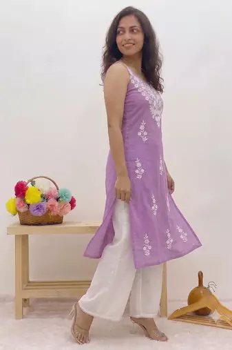 Lavendar embroidered sleeveless kurti with white palazzo set for women
