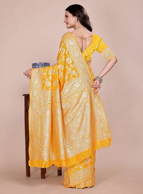 Yellow tapela dying dola silk blend saree with blouse 3
