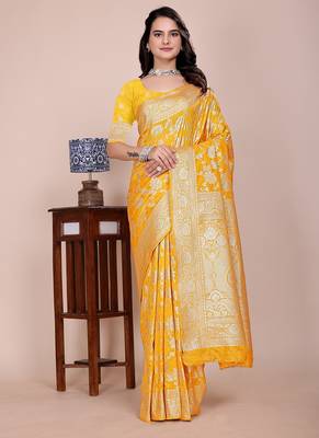 Yellow tapela dying dola silk blend saree with blouse 4